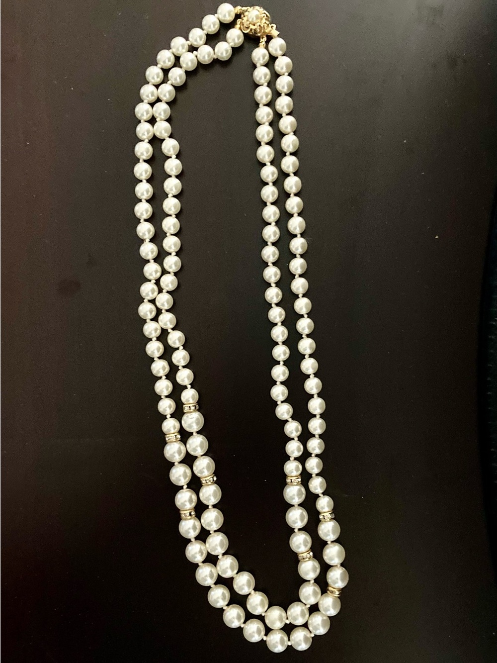 Classic Pearl Double Strand Necklace - White Pearls with Crystal Accents